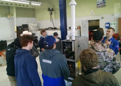 Student gather around a furnace to see how it works