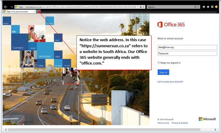 Notice the web address. In this case “https://summersun.co.za” refers to a website in South Africa. Our Office 365 website generally ends with “office.com.”