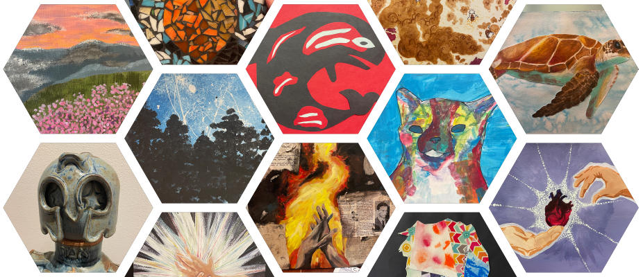 A hexagonal pattern mosaic of different artworks