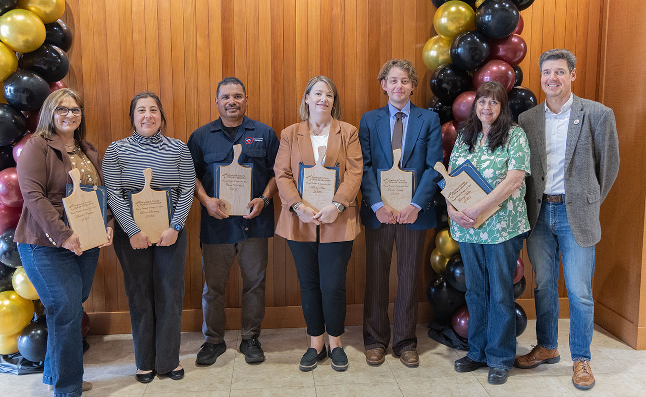 Left to Right: Michelle Cezario, Renee Ramirez, Chad Rechelluul, Tammy Pires, Perrin Turney, Tammy Miller, Superintendent Michael Davies-Hughes
