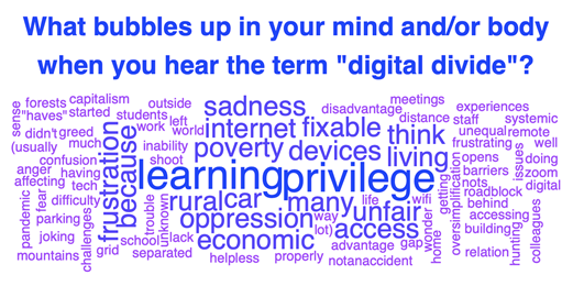 A word collage containing words people think about when they hear the term Digital Divide