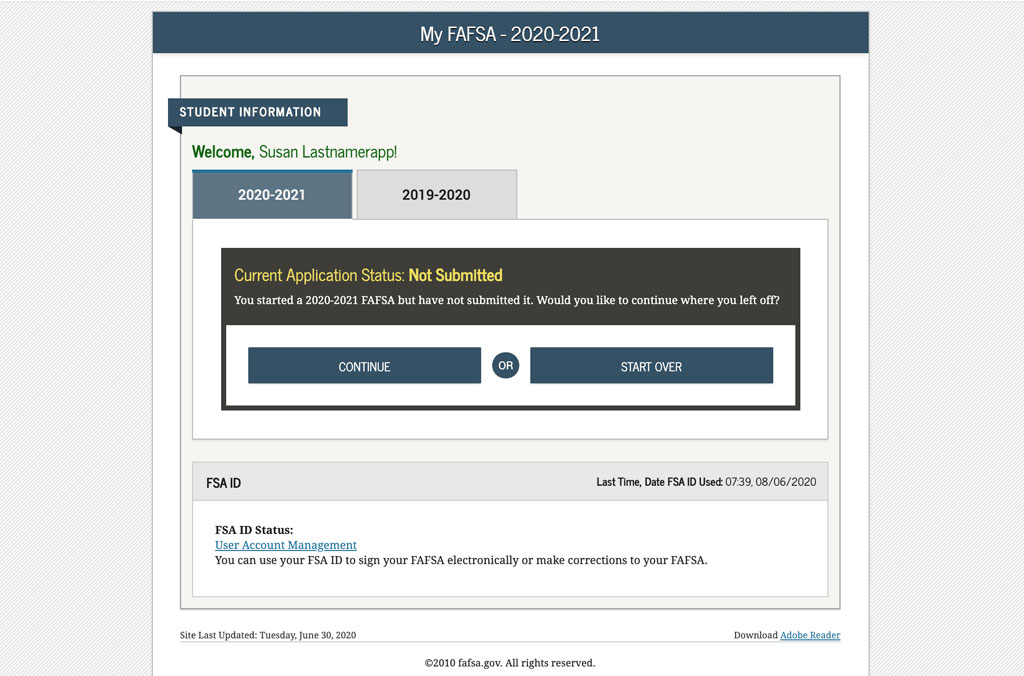 Screenshot of FAFSA Website