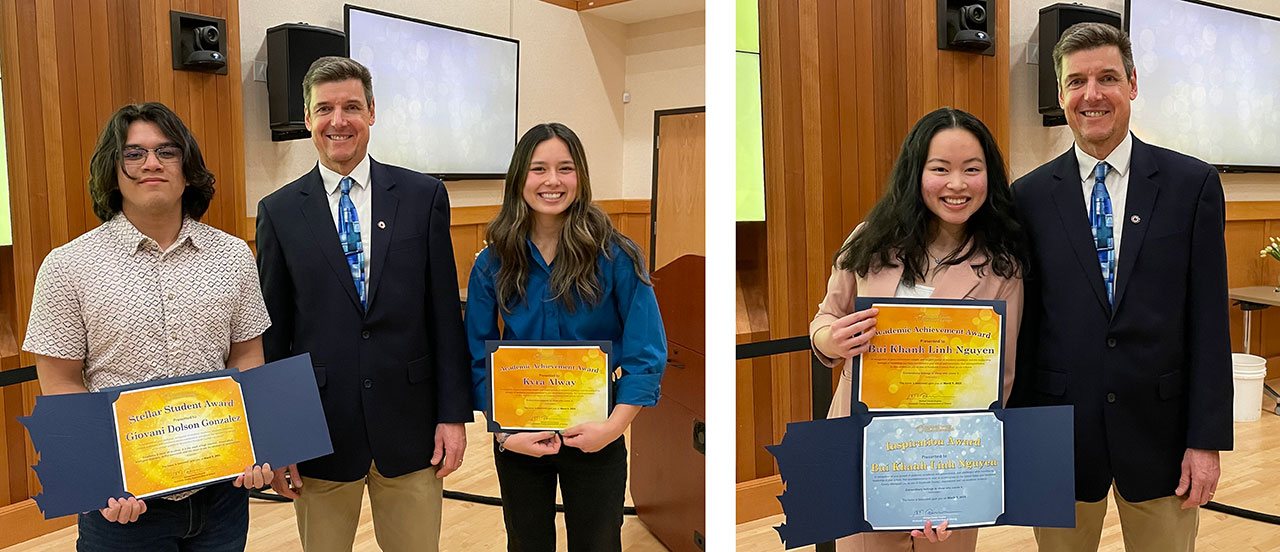 Left: Stellar Students Giovani Dolson Gonzelez and Kyra Alway with Michael Davies-Hughes. Right: Inspiration Award winner Linh Nguyen with Mr. Davies-Hughes.