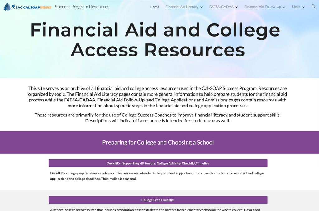 Website featuring Cal-SOAP Financial Aid Resources