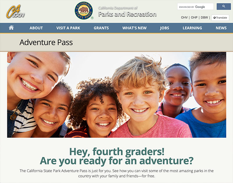 Screenshot of State Parks Adventure Pass Webpage