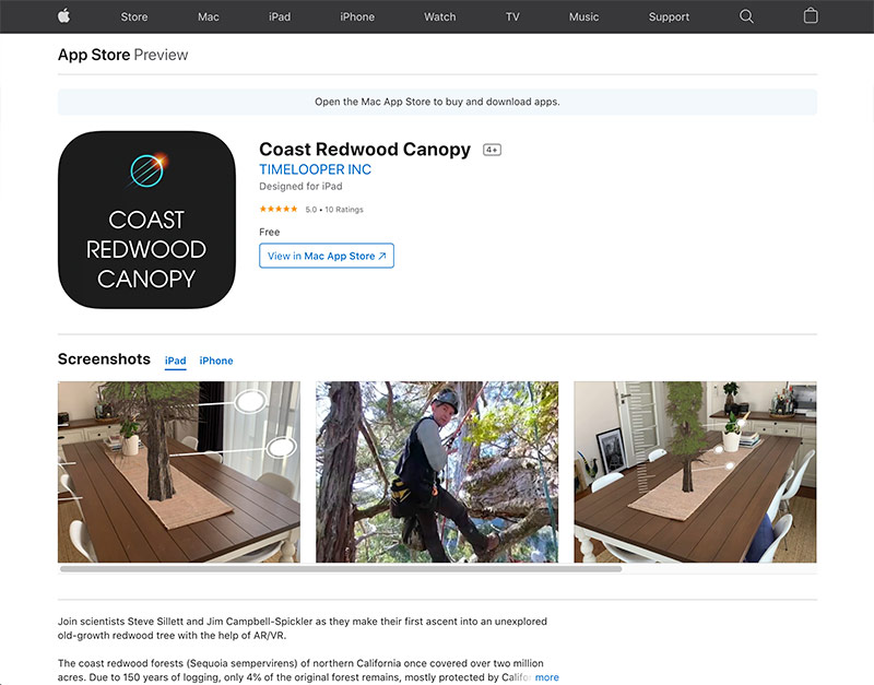 Screenshot of app store page for Coast Redwood Canopy App